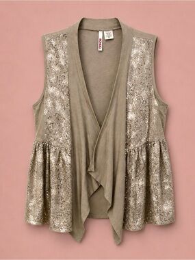 BONGO Taupe Sequin Draped Open-Front Vest